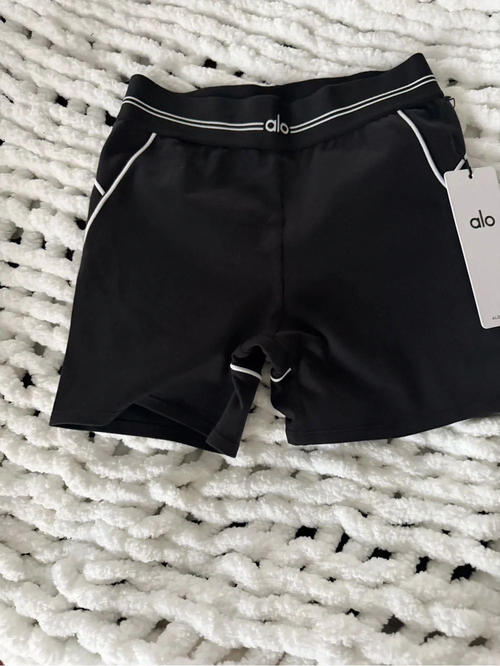 ALO Yoga Black Bike Shorts with White Trim